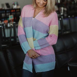 Pink Multi Color Striped Open Front Cardigan
